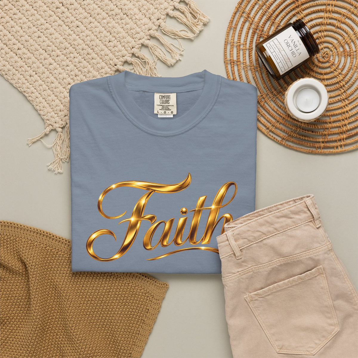 Faith Script T-Shirt — Gold Calligraphy Faith Tee