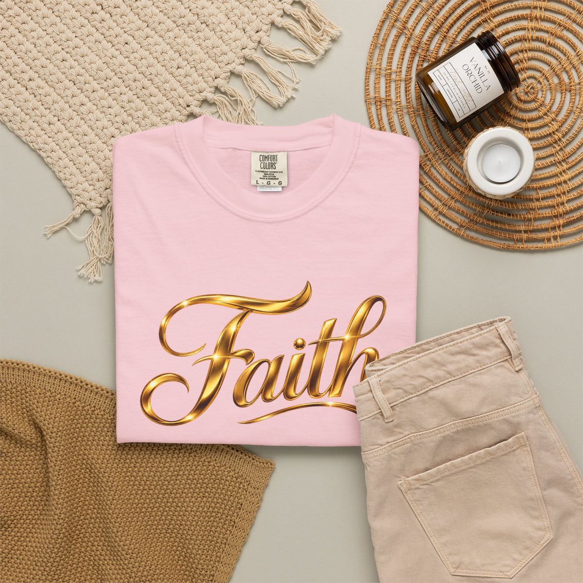 Faith Script T-Shirt — Gold Calligraphy Faith Tee