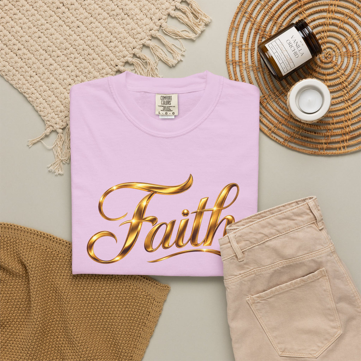 Faith Script T-Shirt — Gold Calligraphy Faith Tee