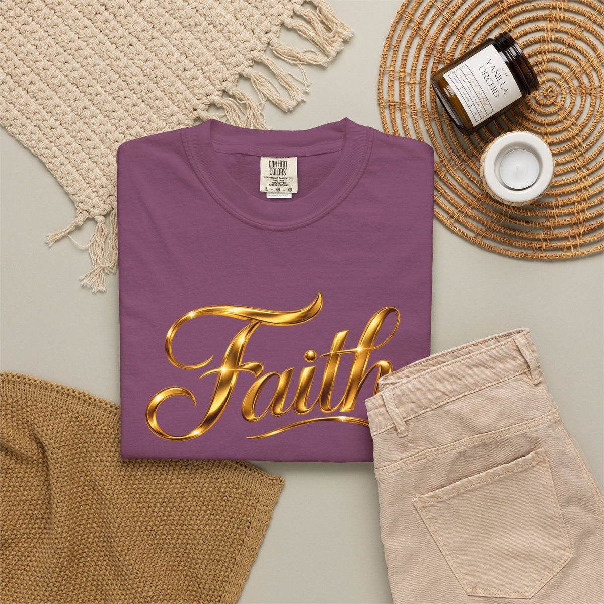 Faith Script T-Shirt — Gold Calligraphy Faith Tee