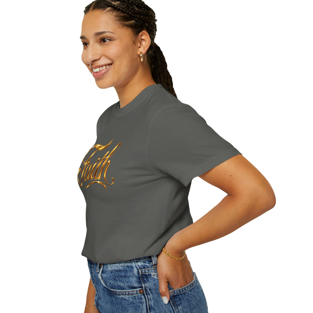 Faith Script T-Shirt — Gold Calligraphy Faith Tee