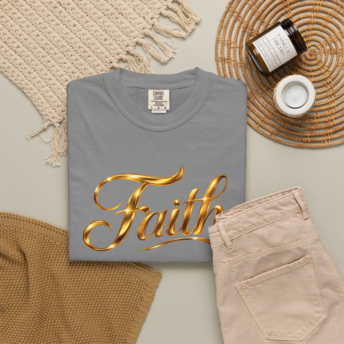Faith Script T-Shirt — Gold Calligraphy Faith Tee