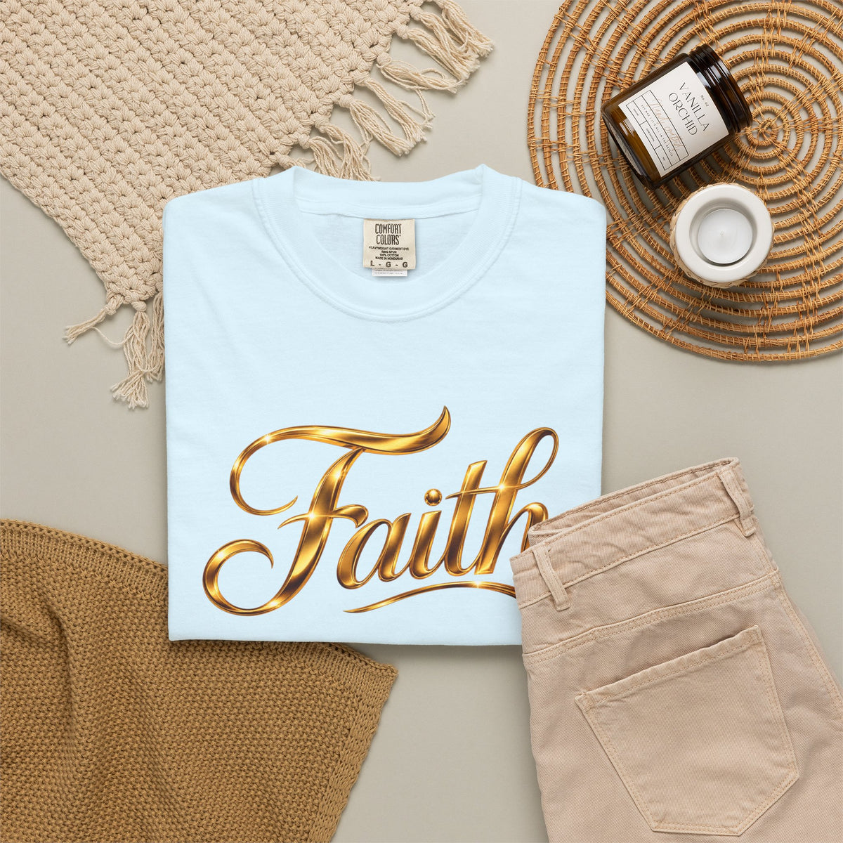 Faith Script T-Shirt — Gold Calligraphy Faith Tee