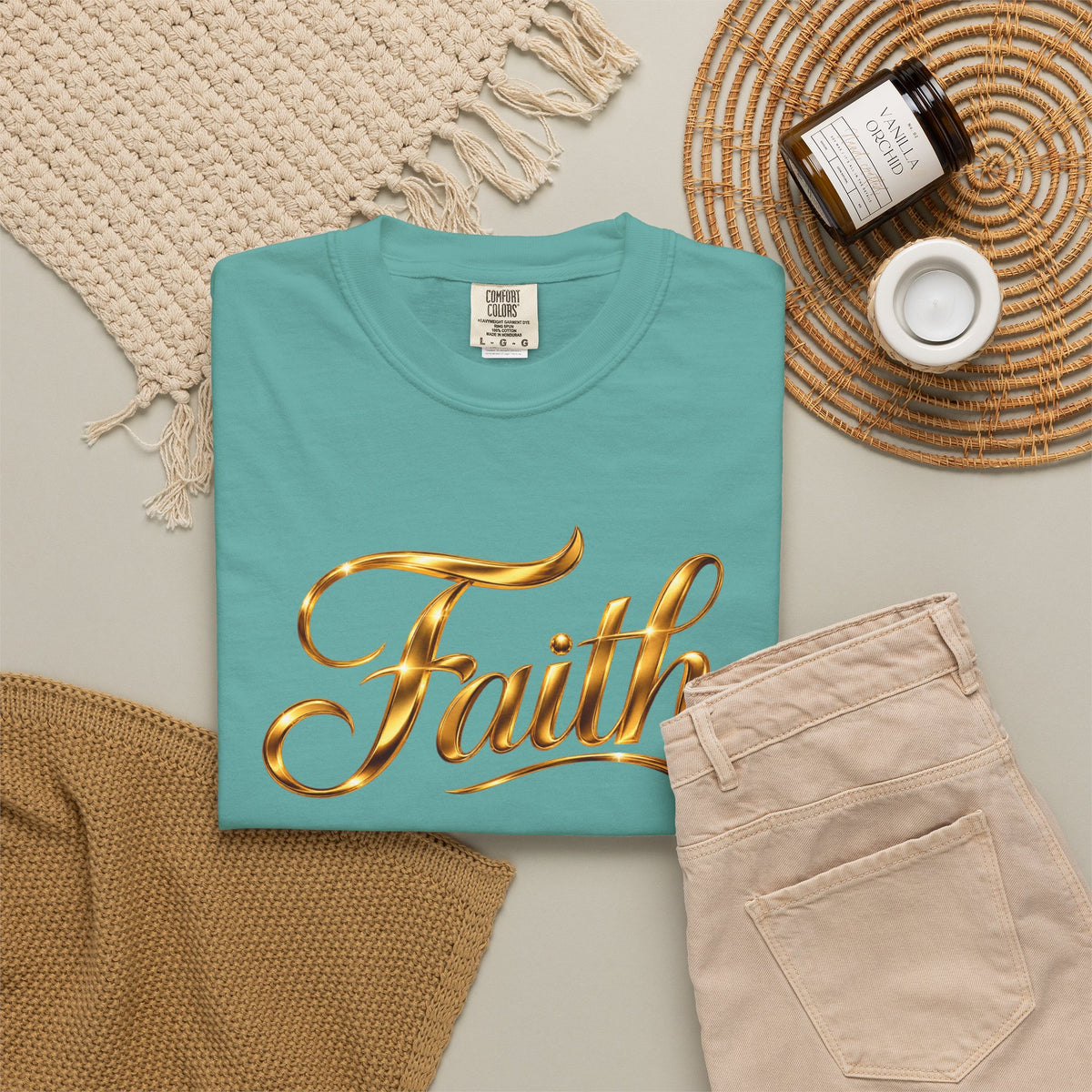 Faith Script T-Shirt — Gold Calligraphy Faith Tee