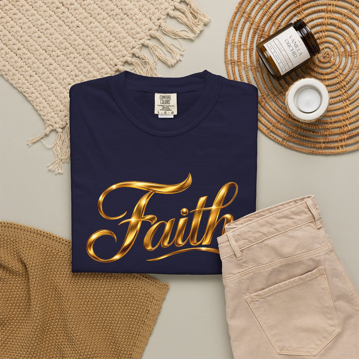 Faith Script T-Shirt — Gold Calligraphy Faith Tee