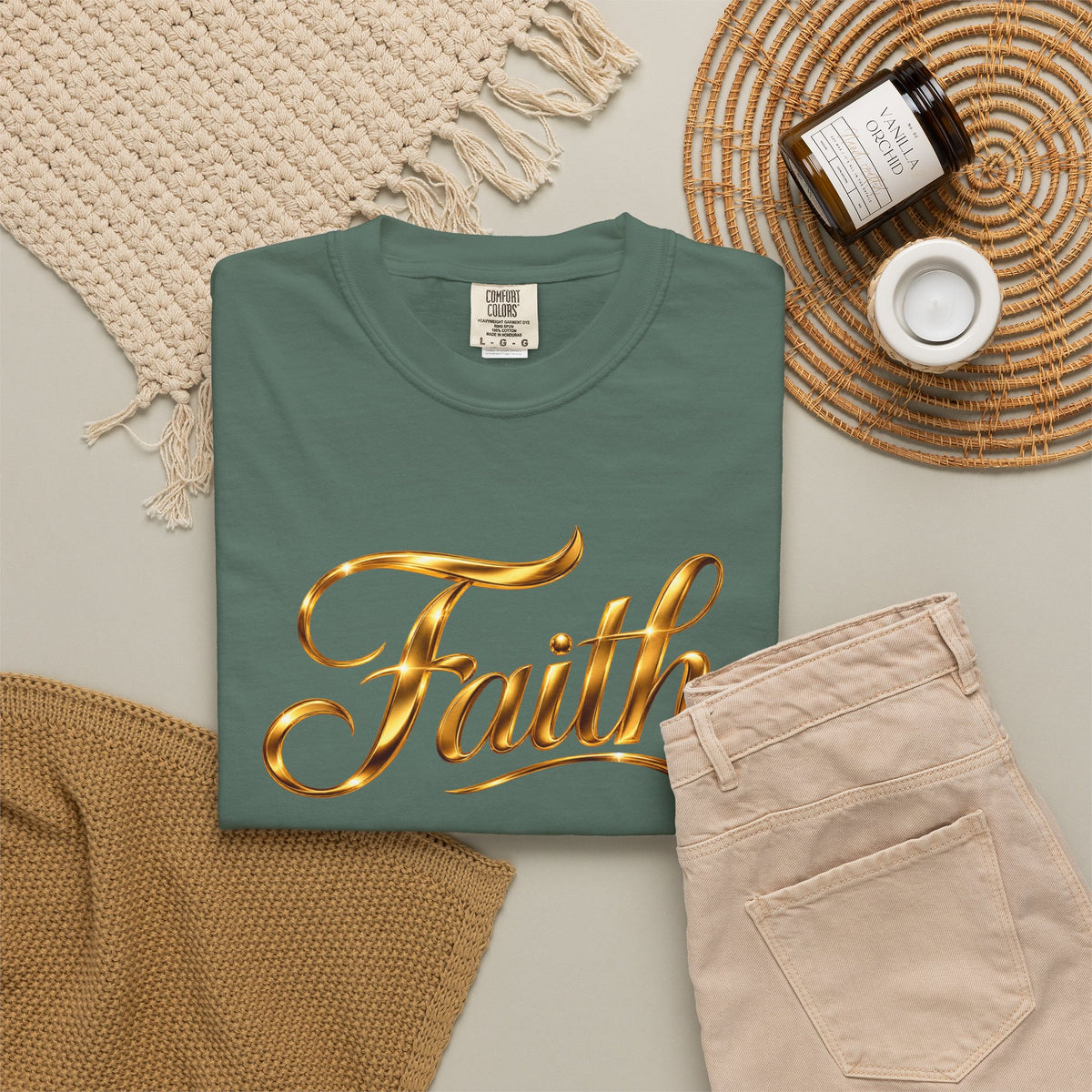 Faith Script T-Shirt — Gold Calligraphy Faith Tee