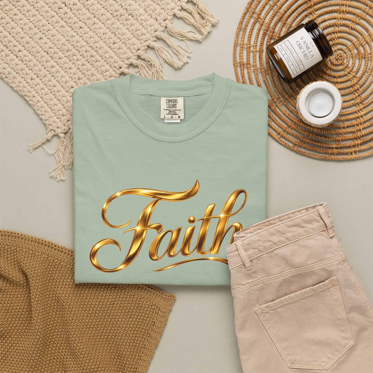 Faith Script T-Shirt — Gold Calligraphy Faith Tee