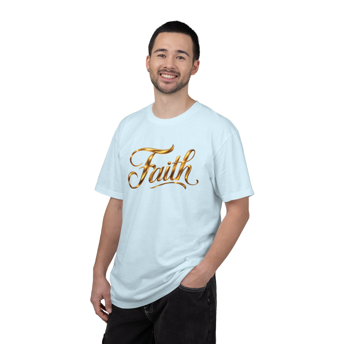 Faith Script T-Shirt — Gold Calligraphy Faith Tee