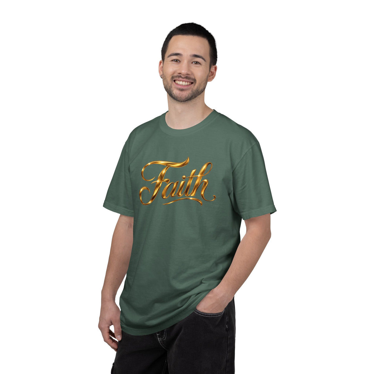 Faith Script T-Shirt — Gold Calligraphy Faith Tee