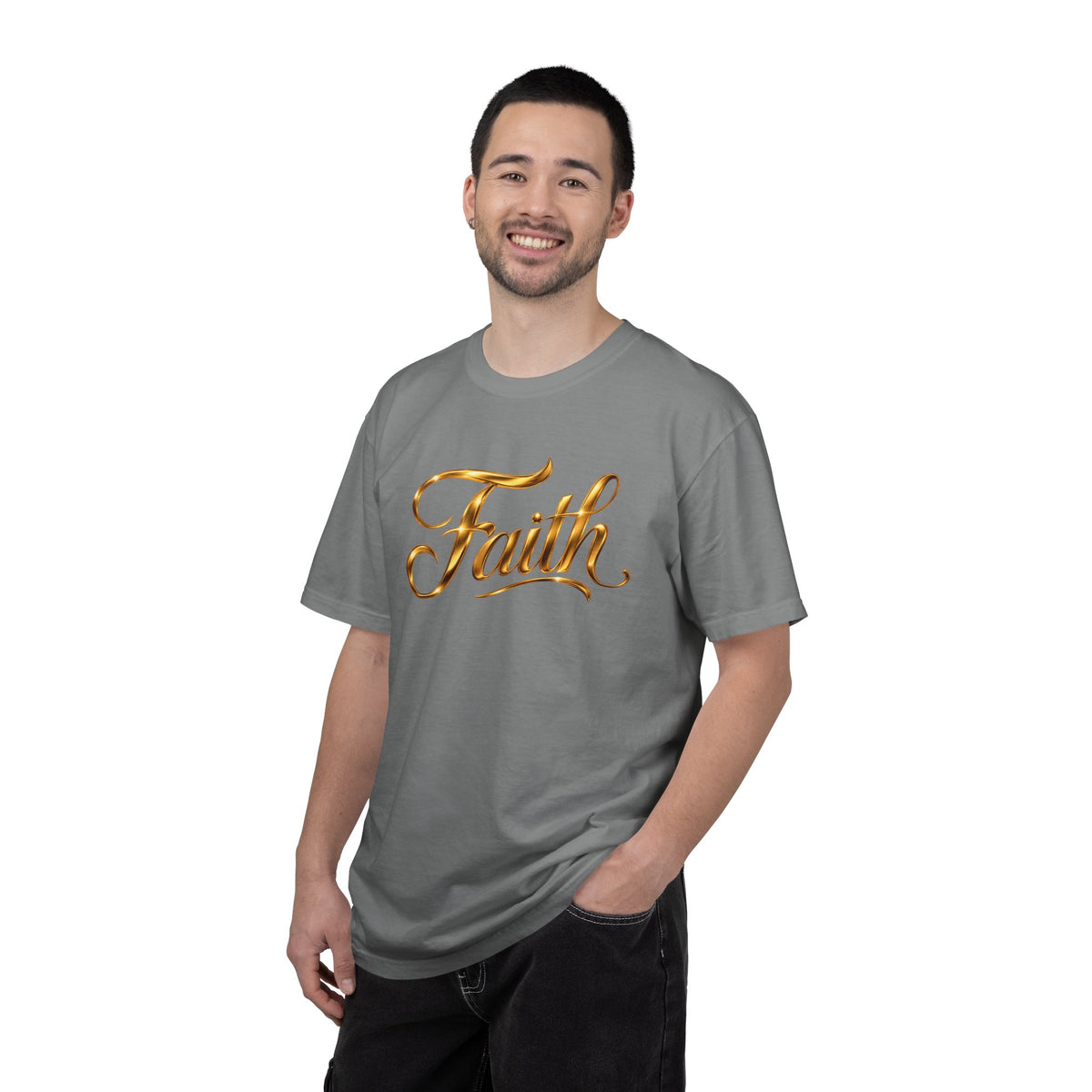 Faith Script T-Shirt — Gold Calligraphy Faith Tee
