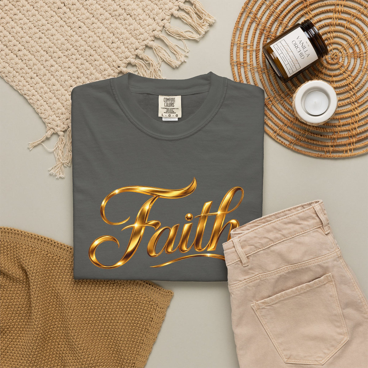 Faith Script T-Shirt — Gold Calligraphy Faith Tee