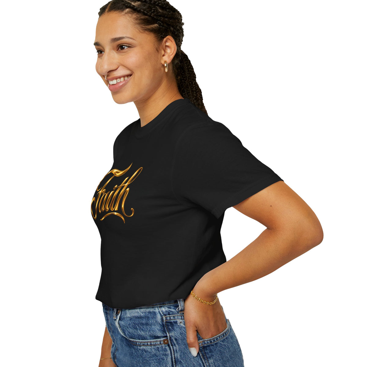 Faith Script T-Shirt — Gold Calligraphy Faith Tee