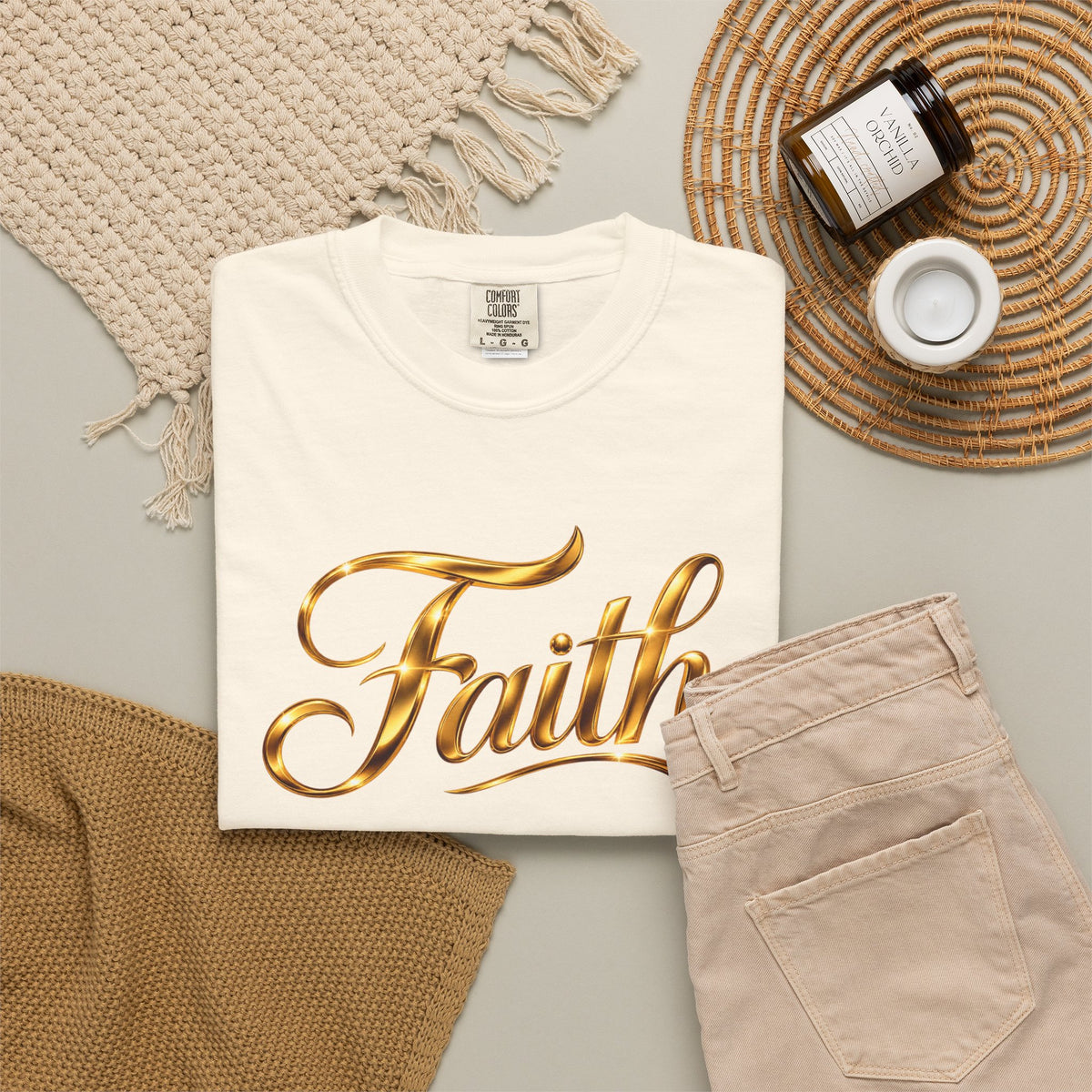Faith Script T-Shirt — Gold Calligraphy Faith Tee