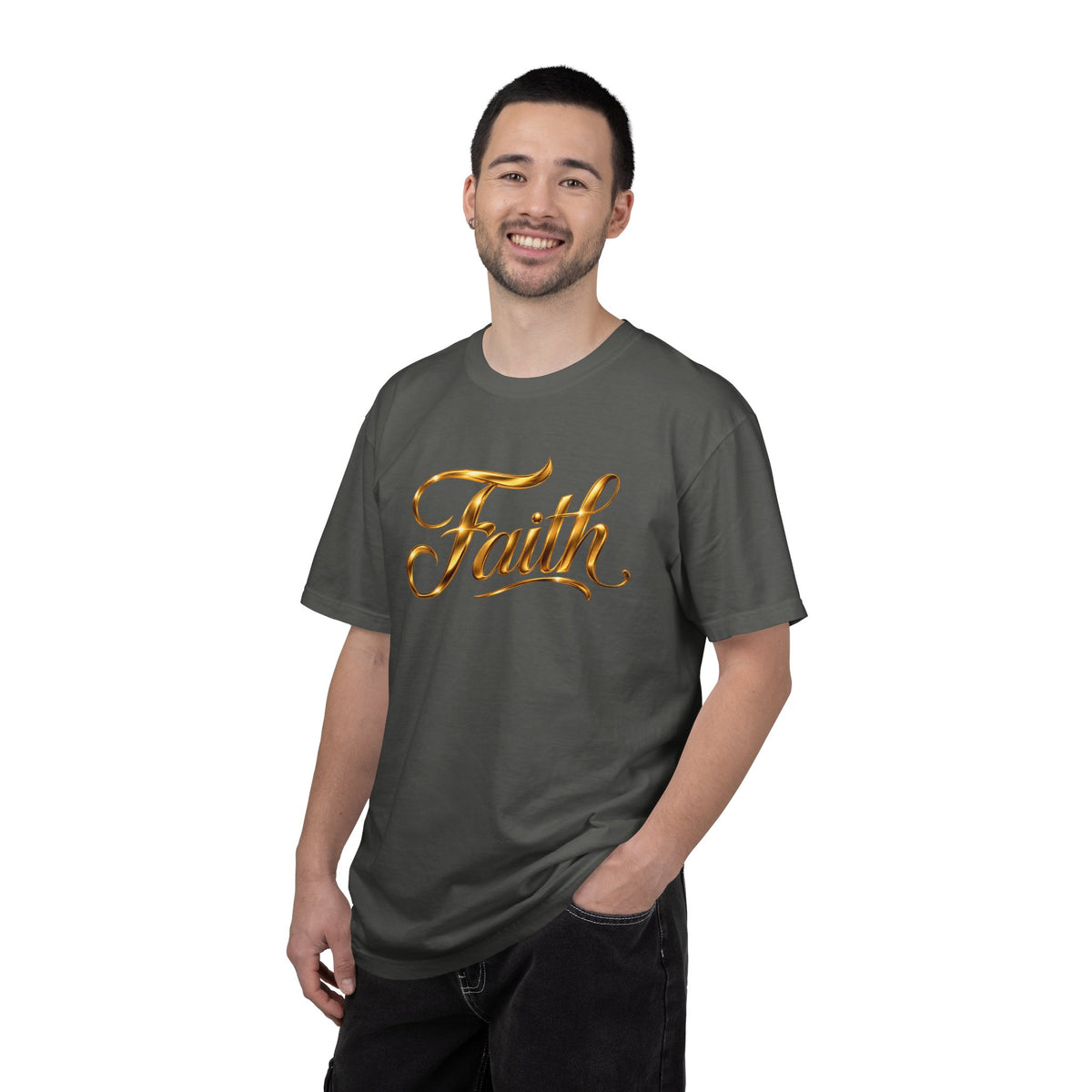 Faith Script T-Shirt — Gold Calligraphy Faith Tee