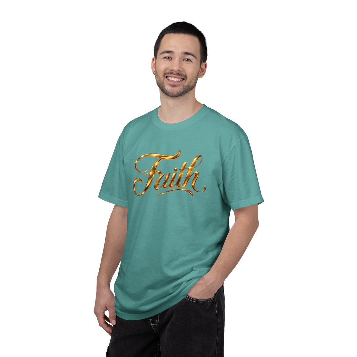 Faith Script T-Shirt — Gold Calligraphy Faith Tee