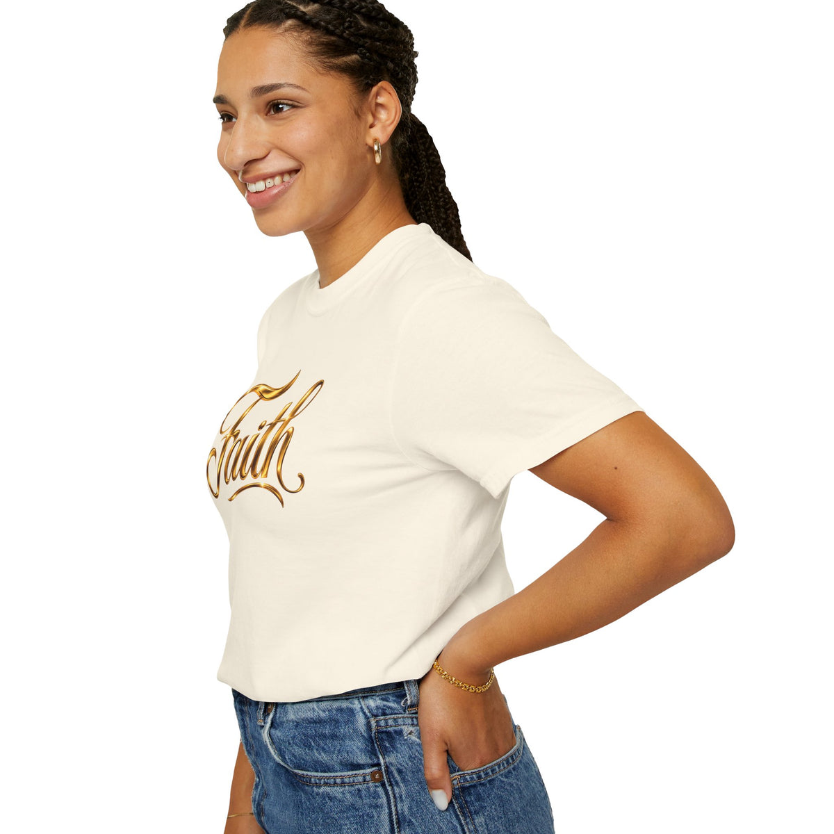 Faith Script T-Shirt — Gold Calligraphy Faith Tee