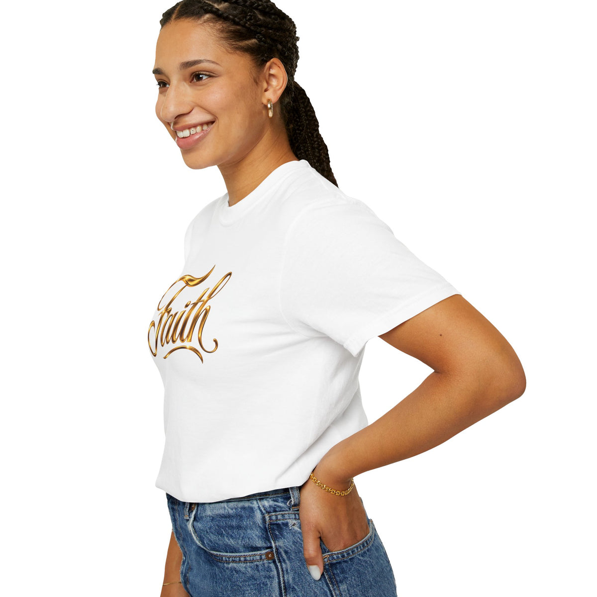 Faith Script T-Shirt — Gold Calligraphy Faith Tee