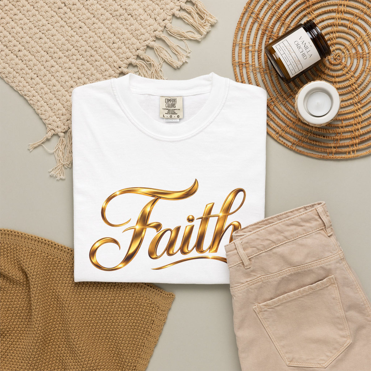 Faith Script T-Shirt — Gold Calligraphy Faith Tee