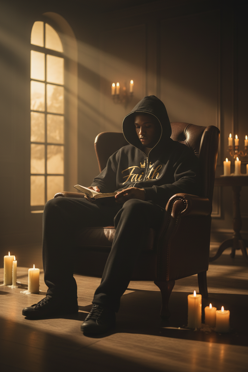 The Faith Comfort Set — Man reading Bible by candlelight