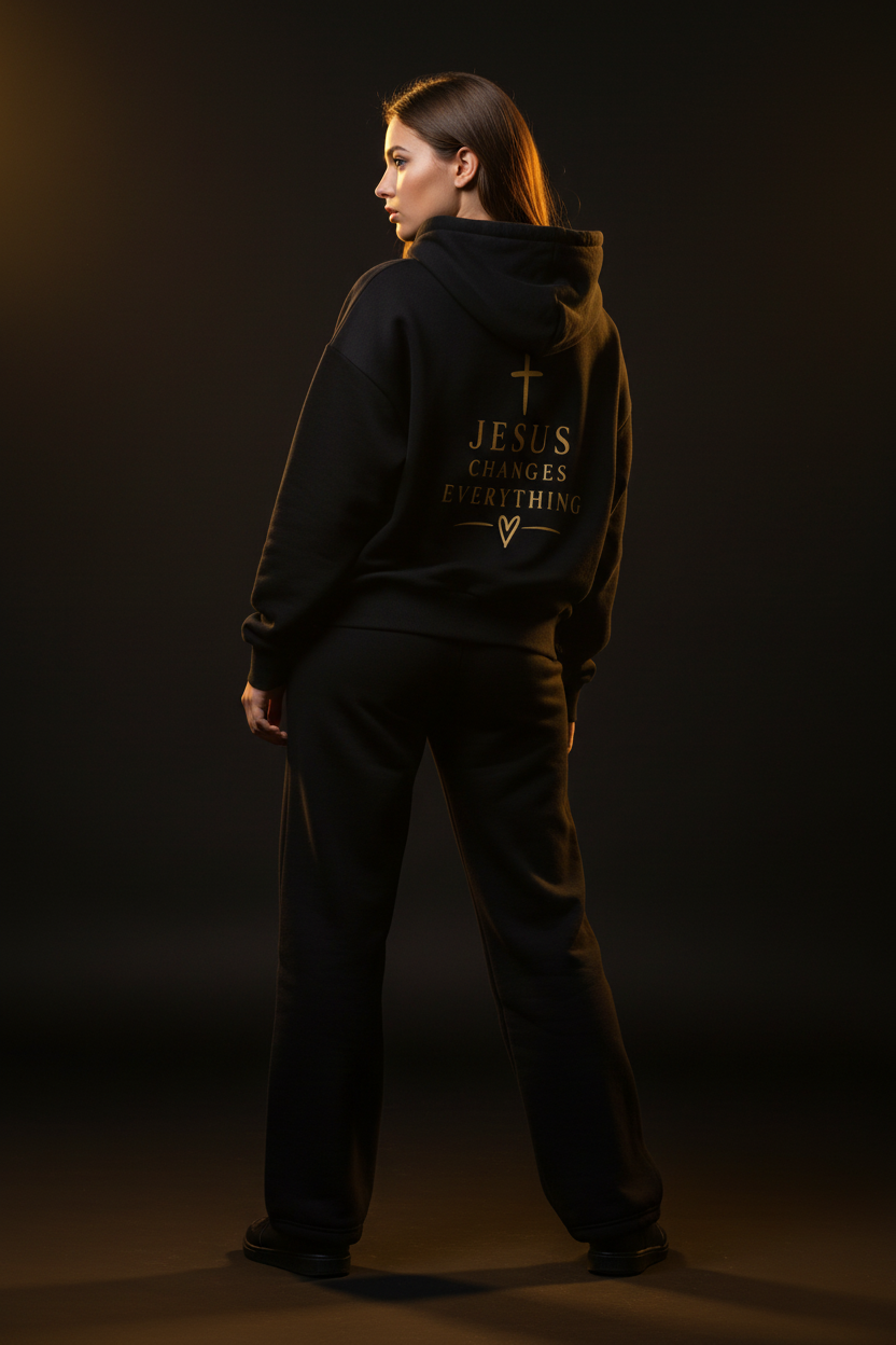 The Faith Comfort Set — Female model showing back design Jesus Changes Everything