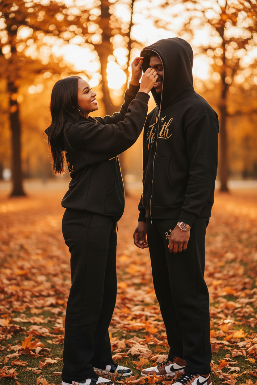The Faith Comfort Set — Couple scene, woman zipping man's hoodie in autumn park